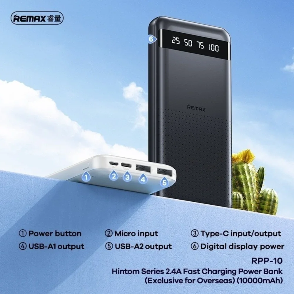 10000mAh Power Bank Portable‎ Charger Remax RPP-10 Fast Charging LED Black